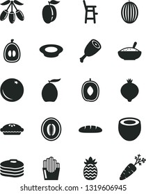 Solid Black Vector Icon Set - a chair for feeding child vector, loaf, pie, bowl of rice porridge, plate milk, chicken thigh, fried potato slices, pancakes, orange, medlar, melon, loquat, goji berry