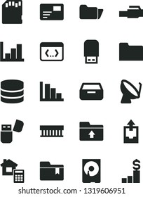 Solid Black Vector Icon Set - negative histogram vector, positive, upload archive data, folder bookmark, estimate, pass card, drawer, satellite dish, radiator fan, hdd, usb flash, coding, sd, big