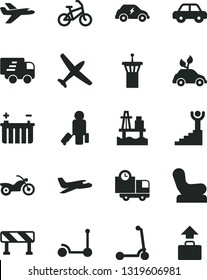 Solid Black Vector Icon Set - Baby chair vector, motor vehicle, Kick scooter, child, traffic signal, delivery, sea port, battery, environmentally friendly transport, electric, Express, private plane