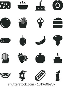 Solid Black Vector Icon Set - cake vector, sausage, piece of cheese, Hot Dog, mushroom, birthday, porridge, French fries, fried potato slices, cone, orange, half apricot, pomegranate, branch grape