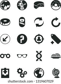 Solid Black Vector Icon Set - sign of the planet vector, renewal, clockwise, add label, download archive data, question, roly poly doll, left bottom arrow, cheese, onion, cake with a hole, glazed