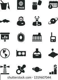 Solid Black Vector Icon Set - dummy vector, toy phone, children's sand set, yule, passport, put in a box, planet, small fish, delicious plum, Earth, hydroelectricity, lighthouse, schedule, gpu card