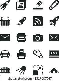 Solid Black Vector Icon Set - camera vector, envelope, rss feed, safety pin, open, drawing, fence, picture, car, artificial satellite, expand, battery, space rocket, cash, printer, scanner, tent
