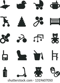 Solid Black Vector Icon Set - baby cot vector, toys over the, dummy, mug for feeding, measuring bottle, rattle, chair, stroller, sitting, duckling, stacking toy, phone, children's sand set, a, small