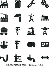 Solid Black Vector Icon Set - sewerage vector, manufacture, factory, hydroelectric station, power line, pole, industrial building, gears, tower crane, pipe, pipes, steel repair key, calipers