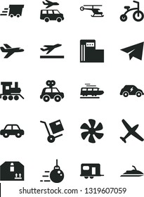Solid Black Vector Icon Set - paper airplane vector, motor vehicle, present, baby toy train, child bicycle, big core, cardboard box, shipment, marine propeller, modern gas station, urgent cargo