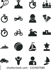 Solid Black Vector Icon Set - stopwatch vector, bath ball, pedestal, racer, retro car, winner, podium, star reward, man with medal, sail boat, bike, motorcycle, flippers, surfing, tennis, jet ski