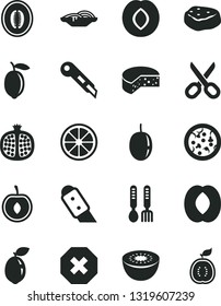 Solid Black Vector Icon Set - scissors vector, mark of injury, iron fork spoons, knife, stationery, cheese, pizza, slices onion, piece meat, half pomegranate, plum, peach, melon, cherry, lemon, kiwi