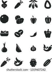 Solid Black Vector Icon Set - stick of sausage vector, lettuce in a plate, cabbage, chili, peper, garlic, carrot, coffee beans, blackberry, goji berry, Bell pepper, ripe, red, hot, onion, potato