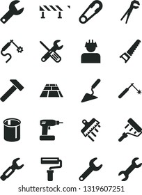 Solid Black Vector Icon Set - paint roller vector, repair key, safety pin, building trowel, small tools, adjustable wrench, cordless drill, hand saw, spatula, paving slab, road fence, hammer, pipes