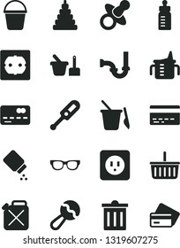 Solid Black Vector Icon Set - bin vector, grocery basket, bank card, dummy, measuring cup for feeding, bottle, baby powder, beanbag, electronic thermometer e, stacking toy, sand set, children's, f