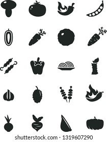 Solid Black Vector Icon Set - fried vegetables on sticks vector, onion, mushroom, meat skewers, cabbage, tomato, chili, peper, beet, garlic, carrot, mulberry, sweet date fruit, apple stub, peas