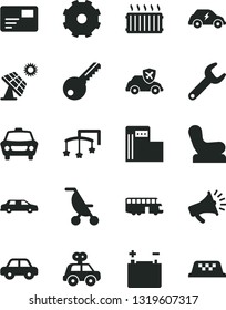 Solid Black Vector Icon Set - truck lorry vector, toys over the cot, Baby chair, summer stroller, motor vehicle, present, key, car, pass card, big solar panel, modern gas station, accumulator, horn
