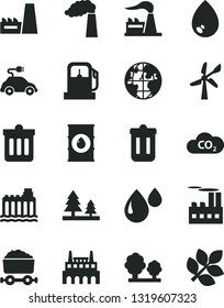 Solid Black Vector Icon Set - dust bin vector, drop, gas station, wind energy, manufacture, factory, oil, hydroelectricity, trees, forest, industrial building, thermal power plant, electric car, CO2