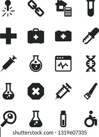 Solid Black Vector Icon Set - mark of injury vector, spectacles, plus, bag a paramedic, medical, arm saw, estimate, cardiogram, round flask, mercury thermometer, test tube, dna, pipette, syringe