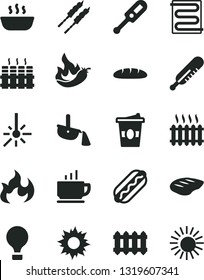 Solid Black Vector Icon Set - electronic thermometer vector e, mercury, heating coil, radiator, new, coffee, loaf, Hot Dog, porridge, chop, barbecue, coffe to go, pepper, outdoor, steel production