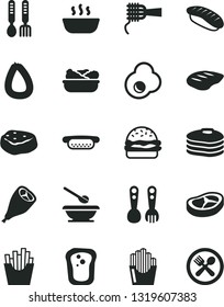 Solid Black Vector Icon Set - plates and spoons vector, plastic fork, iron, stick of sausage, mini hot dog, burger, noodles, porridge, lettuce in a plate, grill chicken leg, bacon, chop, piece meat