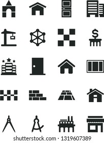 Solid Black Vector Icon Set - house vector, box of bricks, brick wall, window frame, ntrance door, interroom, buildings, tile, ceramic tiles, paving slab, home, industrial enterprise, 3d cube, hotel