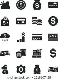 Solid Black Vector Icon Set - bank card vector, coins, reverse side of a, front the, denomination dollar, money, dollars, cash, machine, cashbox, bag hand, rain, coin, pedestal, gear, wallet