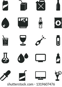 Solid Black Vector Icon Set - vector e, packing of juice with a straw, drop, screen, glass soda, tea, can, bottle, liquor, flask, oil, canister, monitor, test tube, pipette, champagne, cocktail