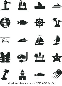 Solid Black Vector Icon Set - small fish vector, sea port, commercial seaport, coastal lighthouse, planet, sand castle, sail boat, beach, palm tree, starfish, diving mask, handwheel, life vest