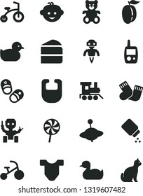 Solid Black Vector Icon Set - baby powder vector, bib, Child T shirt, rubber duck, duckling, warm socks, toy mobile phone, teddy bear, children's hairdo, train, yule, bicycle, tricycle, shoes, robot