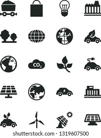 Solid Black Vector Icon Set - sign of the planet vector, paper bag, solar panel, big, leaves, windmill, bulb, hydroelectric station, hydroelectricity, trees, eco car, electric, CO2, globe, sun