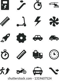 Solid Black Vector Icon Set - truck lorry vector, lightning, stopwatch, motor vehicle, child Kick scooter, dangers, car, delivery, marine propeller, retro, space rocket, wall watch, memory