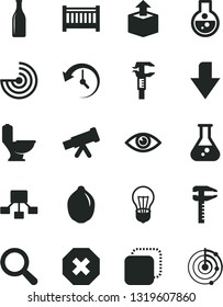 Solid Black Vector Icon Set - mark of injury vector, downward direction, magnifier, baby cot, toilet, eye, copy, unpacking, lime, bulb, calipers, caliper, Glass bottle, hierarchical scheme, history