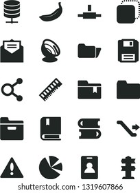Solid Black Vector Icon Set - warning vector, folder, bookmark, e, books, received letter, big data server, copy, banana, connections, pie charts, memory, connect, floppy, satellite antenna