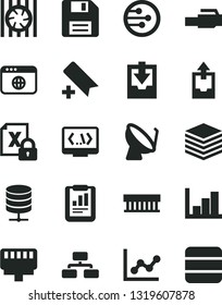 Solid Black Vector Icon Set - floppy disk vector, add bookmark, graph, negative histogram, upload archive data, download, pile, flowchart, big server, satellite dish, statistical report, encrypting