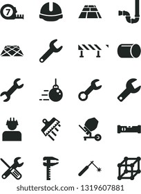 Solid Black Vector Icon Set - repair key vector, big core, concrete mixer, small tools, long meashuring tape, siphon, construction level, helmet, spatula, paving slab, pavement, road fence, builder