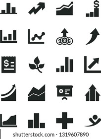 Solid Black Vector Icon Set - growth up vector, plus, bar chart, line, graph, leaves, article on the dollar, financial report, arrow, arrows, pedestal, flying man