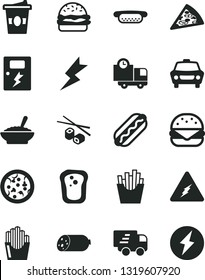 Solid Black Vector Icon Set - lightning vector, dangers, car, delivery, sausage, pizza, piece of, Hot Dog, mini, big burger, a bowl buckwheat porridge, French fries, fried potato slices, coffe to go