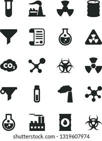 Solid Black Vector Icon Set - round flask vector, manufacture, factory, oil, barrel, industrial building, radiation, carbon dyoxide, filter, water, research article, test tube, molecule, nuclear