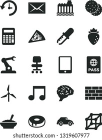 Solid Black Vector Icon Set - envelope vector, brickwork, passport, piece of pizza, cake with a hole, bowl buckwheat porridge, biscuit, raspberry, windmill, hydroelectricity, retro car, tablet pc