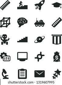 Solid Black Vector Icon Set - memory vector, monitor, mail, settings, microscope, dna, brain, clipboard, robot, saturn, lunar rover, 3d cube, carrer stairway, graduate, pennant flag, money bag