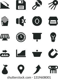 Solid Black Vector Icon Set - floppy disk vector, clock face, beanbag, bulb, no sound, fried potato slices, pear, plum, production conveyor, horseshoe magnet, pan, location, recession, scanner