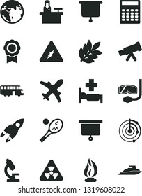 Solid Black Vector Icon Set - microscope vector, telescope, electricity, nuclear, flame, calculator, radar, medal, rocket, biology, presentation board, earth, bus, plane, hospital bed, diving mask