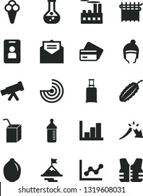 Solid Black Vector Icon Set - graph vector, negative histogram, measuring bottle for feeding, packing of juice with a straw, winter hat, received letter, cone, lime, cucumber, flask, cloth industry