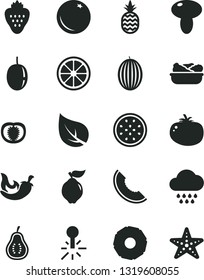 Solid Black Vector Icon Set - cloud vector, mushroom, lettuce in a plate, tomato, chili, strawberry, pineapple, orange, quince, melon, slice of, passion fruit, juicy lemon, half, part guava, leaf