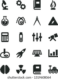 Solid Black Vector Icon Set - round flask vector, test tube, microscope, telescope, electricity, nuclear, brain, gears, settings, bactery, book, flame, calculator, drawing compass, growth graph