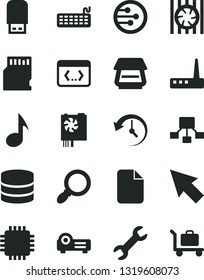 Solid Black Vector Icon Set - hierarchical scheme vector, radiator fan, keyboard, pc power supply, cpu, router, scanner, usb flash, network, coding, projector, magnifier, note, sd card, big data