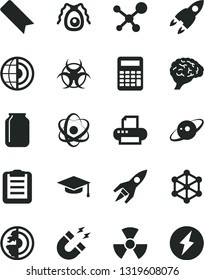 Solid Black Vector Icon Set - bookmark vector, jar, printer, molecule, atom, nuclear, brain, bactery, biohazard, magnet, graduate hat, clipboard, calculator, earth core, saturn, rocket, 3d cube