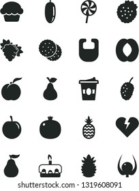 Solid Black Vector Icon Set - bib vector, broken heart, cake, torte, lollipop, coffe to go, strawberries, a pineapple, pear, biscuit, ripe peach, pomegranate, branch of grape, tasty mulberry, half