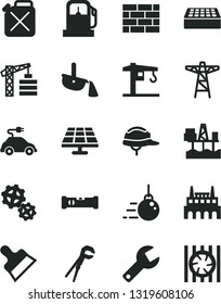 Solid Black Vector Icon Set - repair key vector, crane, tower, brickwork, big core, adjustable wrench, construction level, helmet, brick, putty knife, commercial seaport, solar panel, gas station