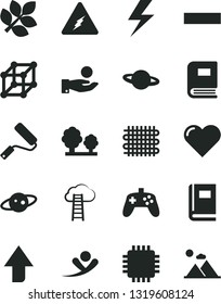 Solid Black Vector Icon Set - lightning vector, upward direction, minus, new roller, heart, planet, trees, weaving, catch a coin, cpu, joystick, electricity, book, saturn, biology, 3d cube