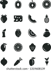 Solid Black Vector Icon Set - piece of cheese vector, mushroom, carrot, strawberry, a pineapple, orange, medlar, tasty raspberry, slice melon, water, mango, delicious plum, ripe, half cherry, kiwi