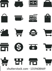 Solid Black Vector Icon Set - paper bag vector, children's potty, cart, put in, kiosk, stall, shopping, antique advertising signboard, dollar, purse, cash, hand, machine, cashbox, sale, store
