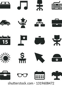 Solid Black Vector Icon Set - briefcase vector, keyboard, warm hat, portfolio, building block, calendar, flowchart, retro car, purse, note, chair, cursor, glasses, star cup, flag, dollar column, sun